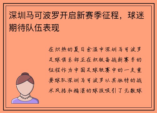 深圳马可波罗开启新赛季征程，球迷期待队伍表现