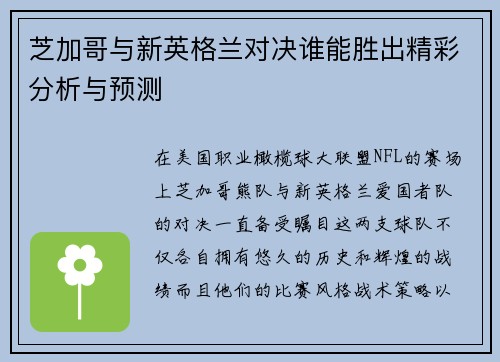 芝加哥与新英格兰对决谁能胜出精彩分析与预测