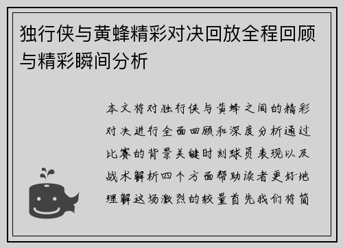 独行侠与黄蜂精彩对决回放全程回顾与精彩瞬间分析