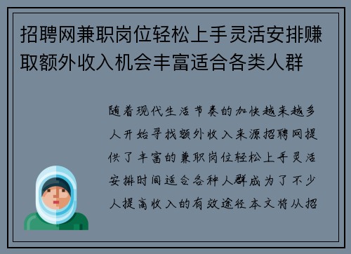 招聘网兼职岗位轻松上手灵活安排赚取额外收入机会丰富适合各类人群