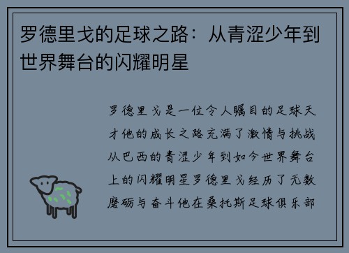 罗德里戈的足球之路：从青涩少年到世界舞台的闪耀明星