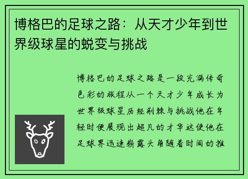 博格巴的足球之路：从天才少年到世界级球星的蜕变与挑战