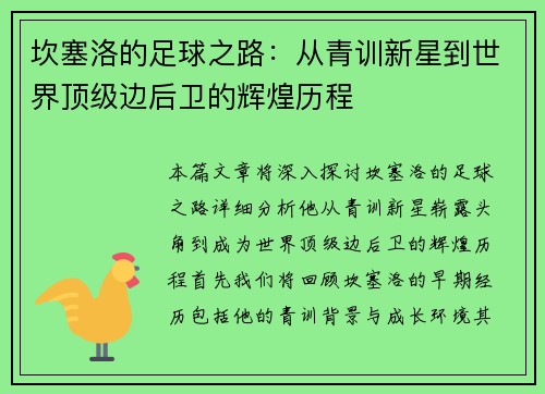 坎塞洛的足球之路：从青训新星到世界顶级边后卫的辉煌历程