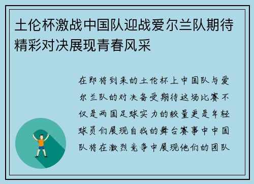 土伦杯激战中国队迎战爱尔兰队期待精彩对决展现青春风采