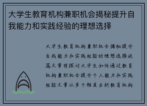 大学生教育机构兼职机会揭秘提升自我能力和实践经验的理想选择
