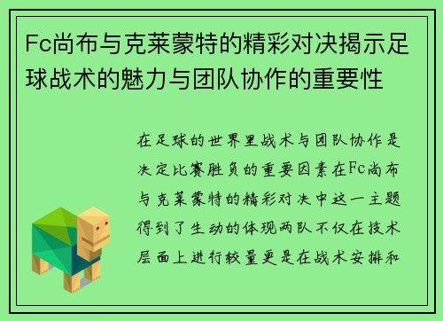Fc尚布与克莱蒙特的精彩对决揭示足球战术的魅力与团队协作的重要性