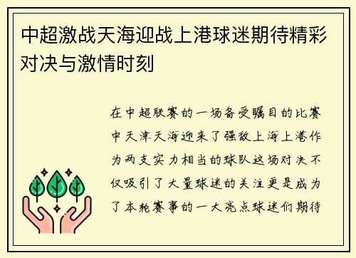 中超激战天海迎战上港球迷期待精彩对决与激情时刻