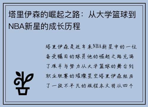 塔里伊森的崛起之路：从大学篮球到NBA新星的成长历程