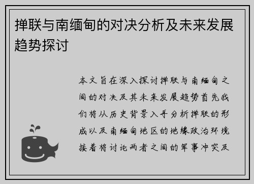 掸联与南缅甸的对决分析及未来发展趋势探讨