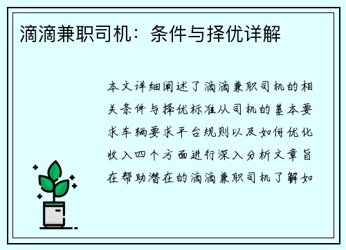 滴滴兼职司机：条件与择优详解