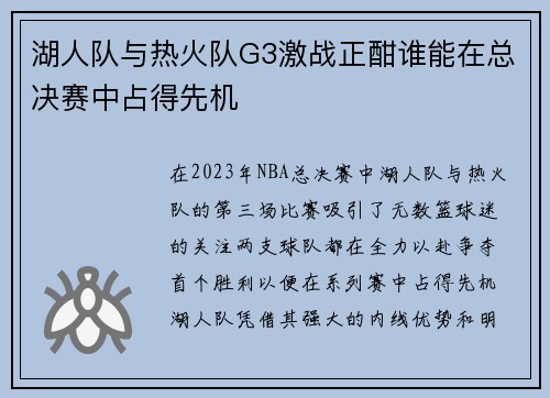 湖人队与热火队G3激战正酣谁能在总决赛中占得先机