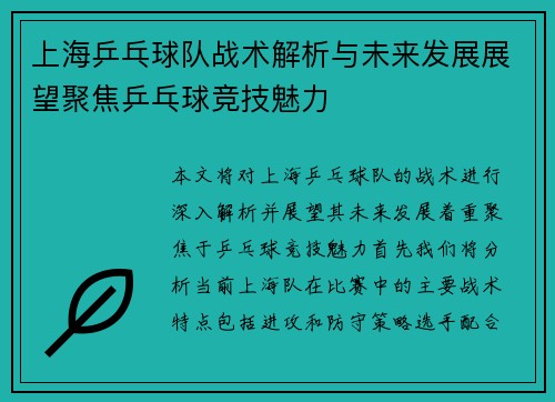 上海乒乓球队战术解析与未来发展展望聚焦乒乓球竞技魅力