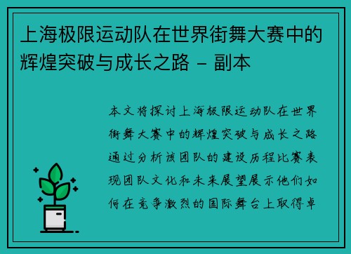 上海极限运动队在世界街舞大赛中的辉煌突破与成长之路 - 副本