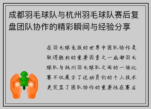 成都羽毛球队与杭州羽毛球队赛后复盘团队协作的精彩瞬间与经验分享