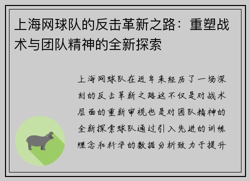 上海网球队的反击革新之路：重塑战术与团队精神的全新探索